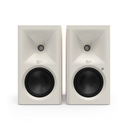 Klipsch The Fives II in Red Oak, front with grille removed showing 5.25-inch woofer and horn tweeter