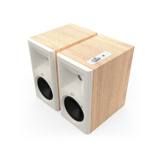 Klipsch The Fives II in Red Oak, angled front hero view with grille off