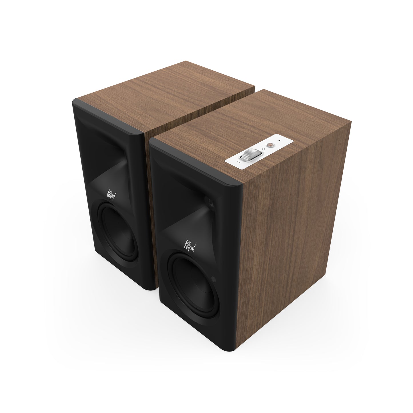 Klipsch The Fives II in Walnut, angled front view with grille off