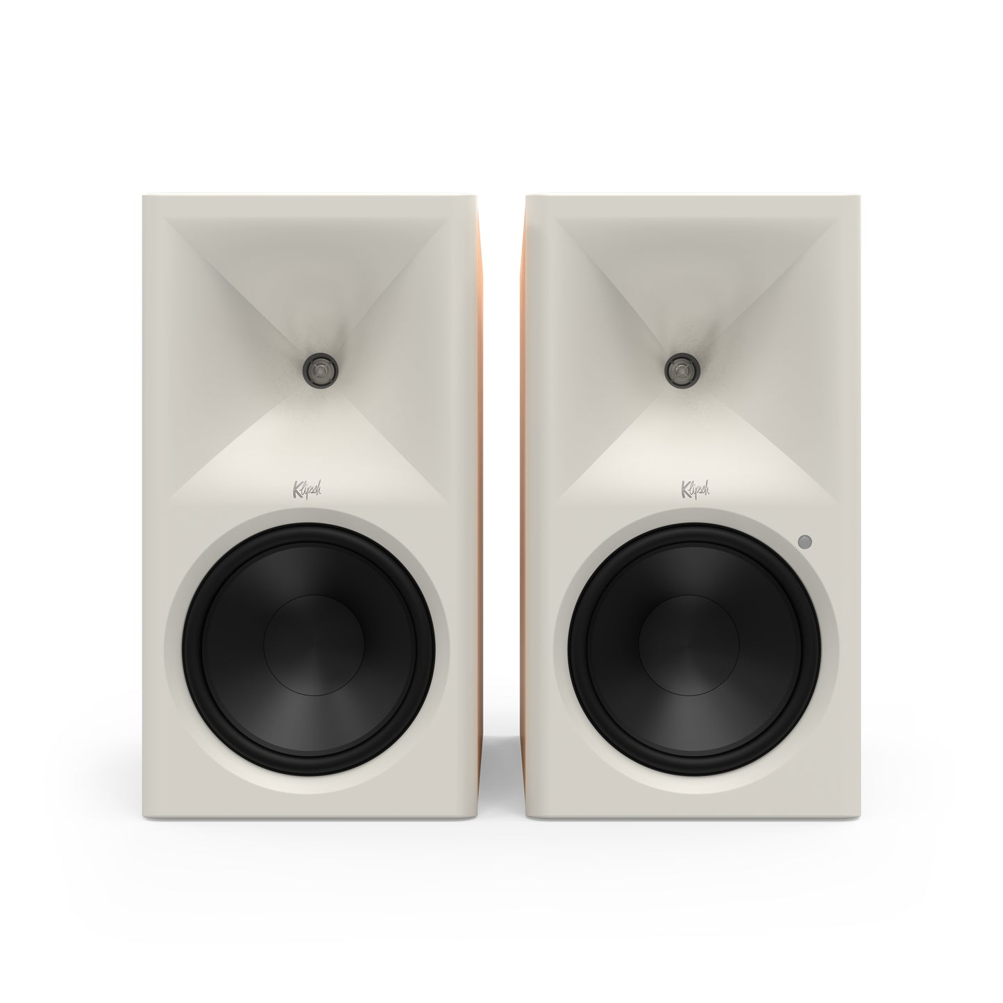 Klipsch The Nines II in Red Oak, front with grille removed showing 8-inch woofer and horn tweeter