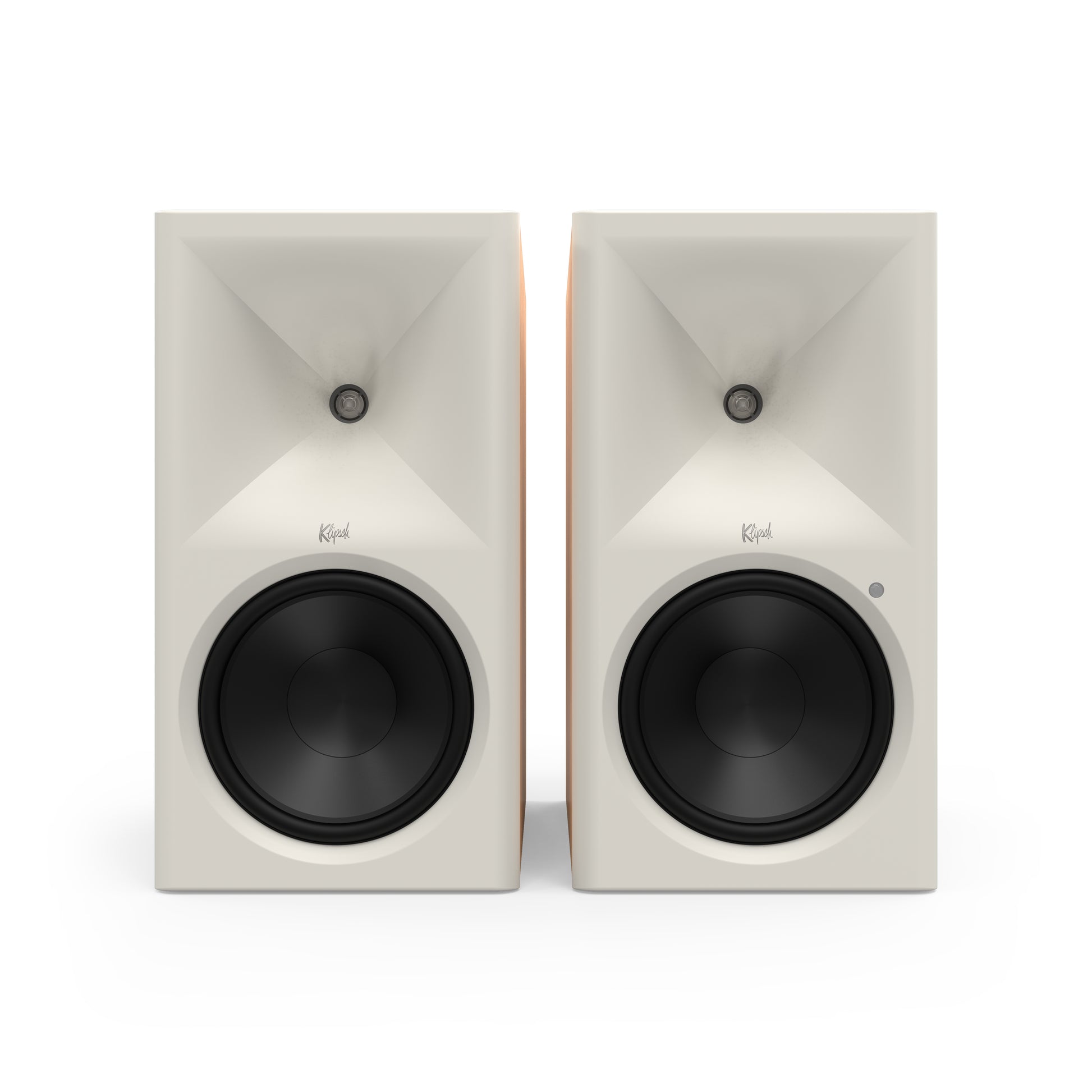 Klipsch The Nines II in Red Oak, front with grille removed showing 8-inch woofer and horn tweeter