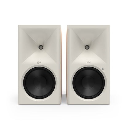 Klipsch The Nines II in Red Oak, front with grille removed showing 8-inch woofer and horn tweeter