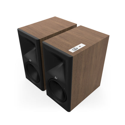 Klipsch The Nines II in Walnut, angled front view with grille off