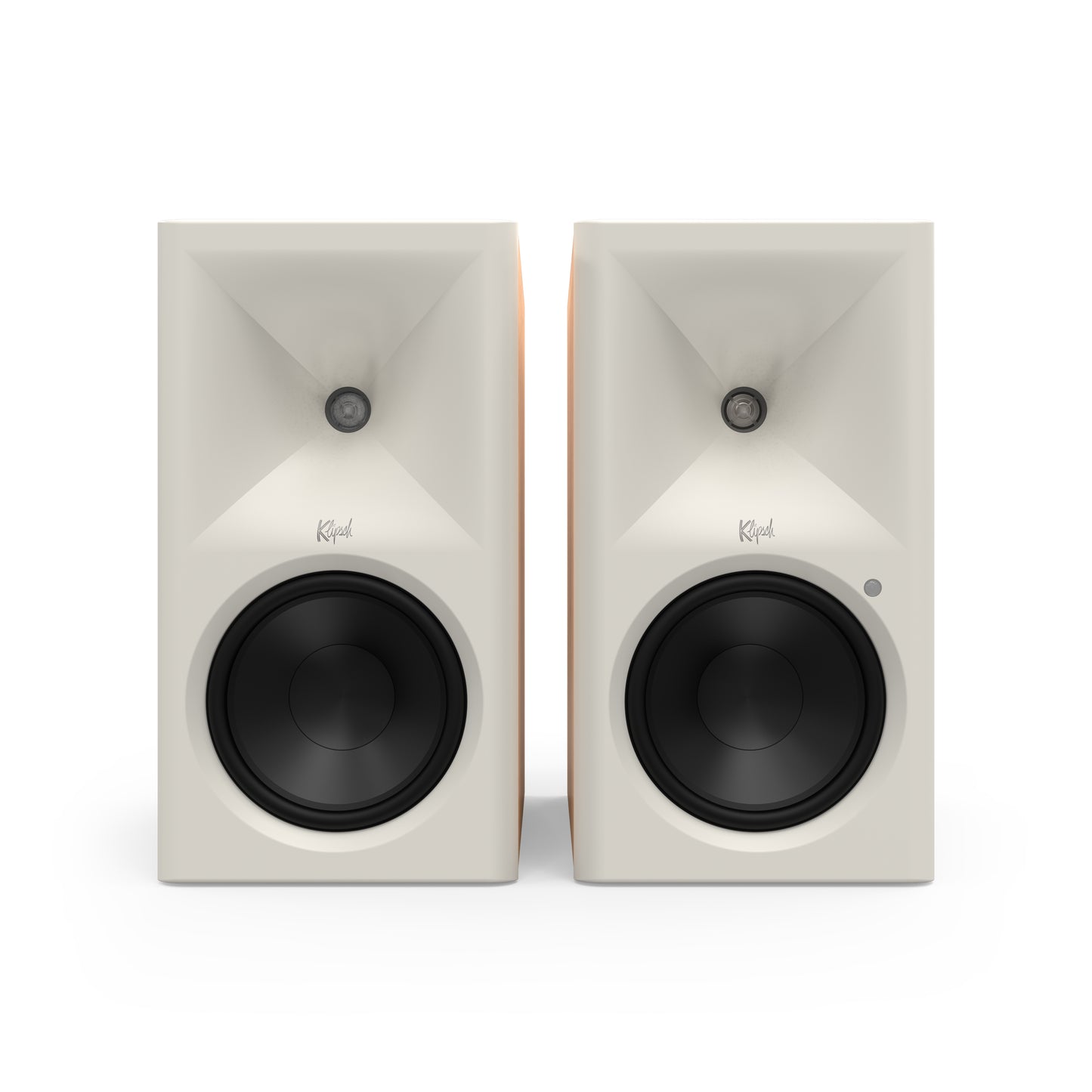 Klipsch The Sevens II in Red Oak, front with grille removed showing 6.5-inch woofer and horn tweeter