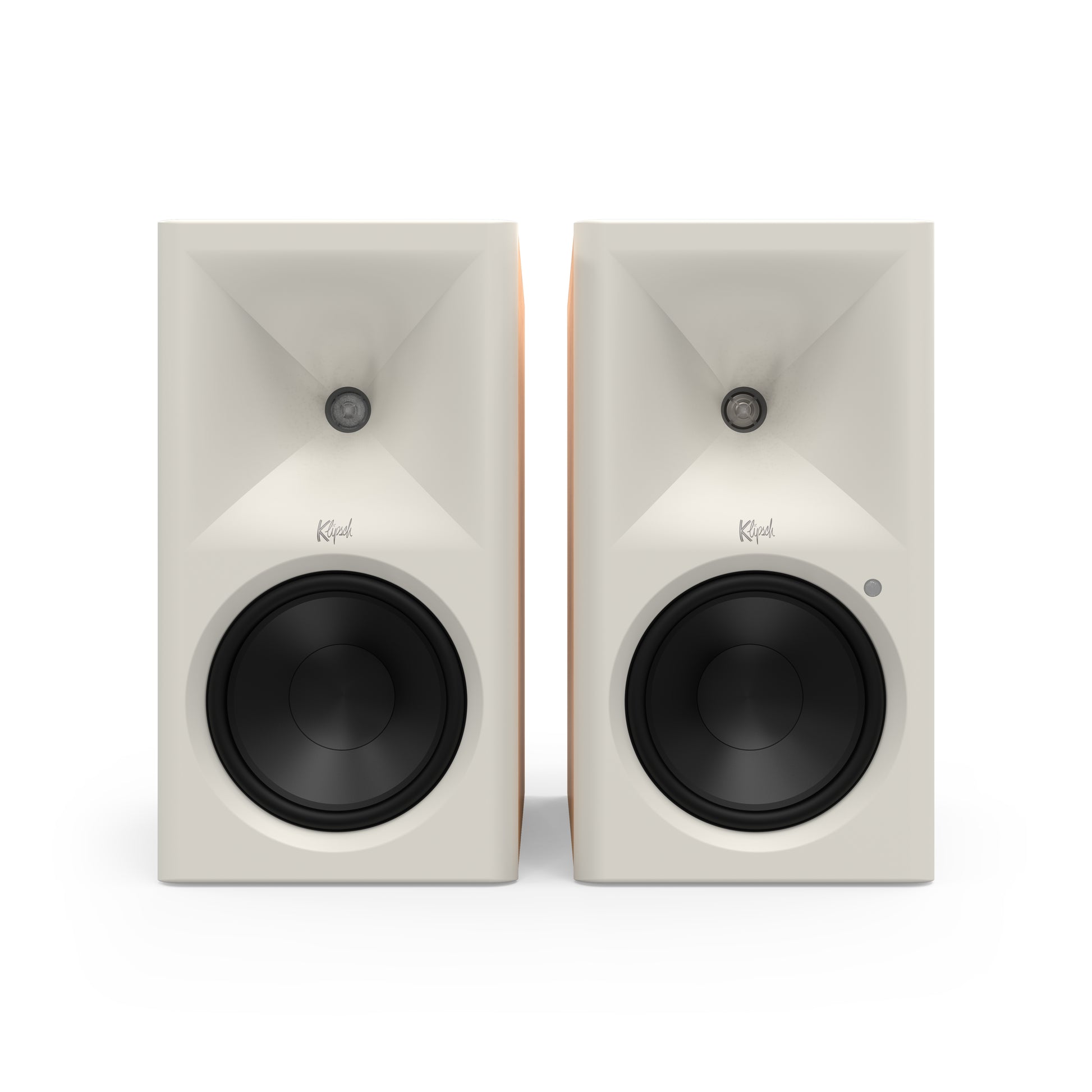 Klipsch The Sevens II in Red Oak, front with grille removed showing 6.5-inch woofer and horn tweeter