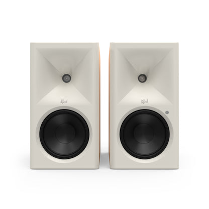 Klipsch The Sevens II in Red Oak, front with grille removed showing 6.5-inch woofer and horn tweeter