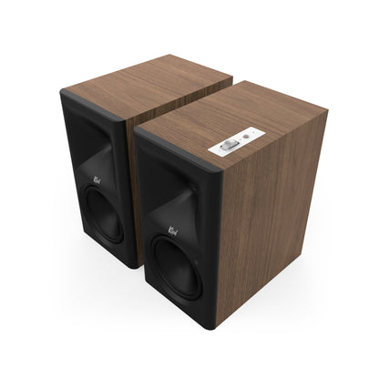 Klipsch The Sevens II in Walnut, angled front view with grille off