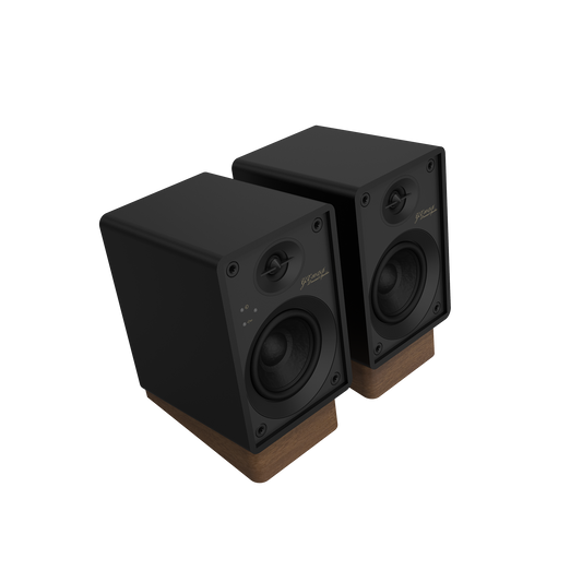 Onkyo GX-10DB powered monitor in Black, angled hero view with grille removed showing woofer and tweeter