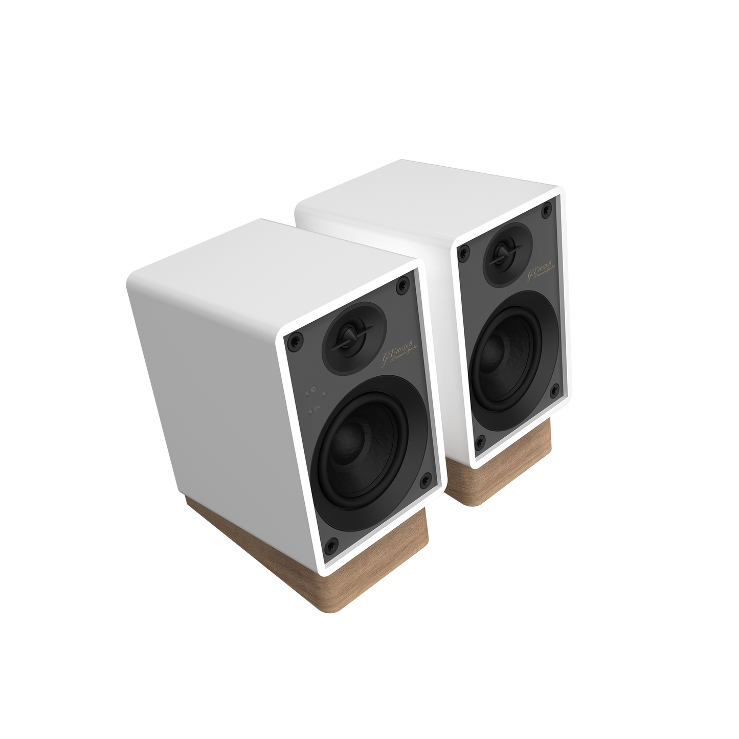 Onkyo GX-10DB powered monitor in White, angled hero view with grille removed