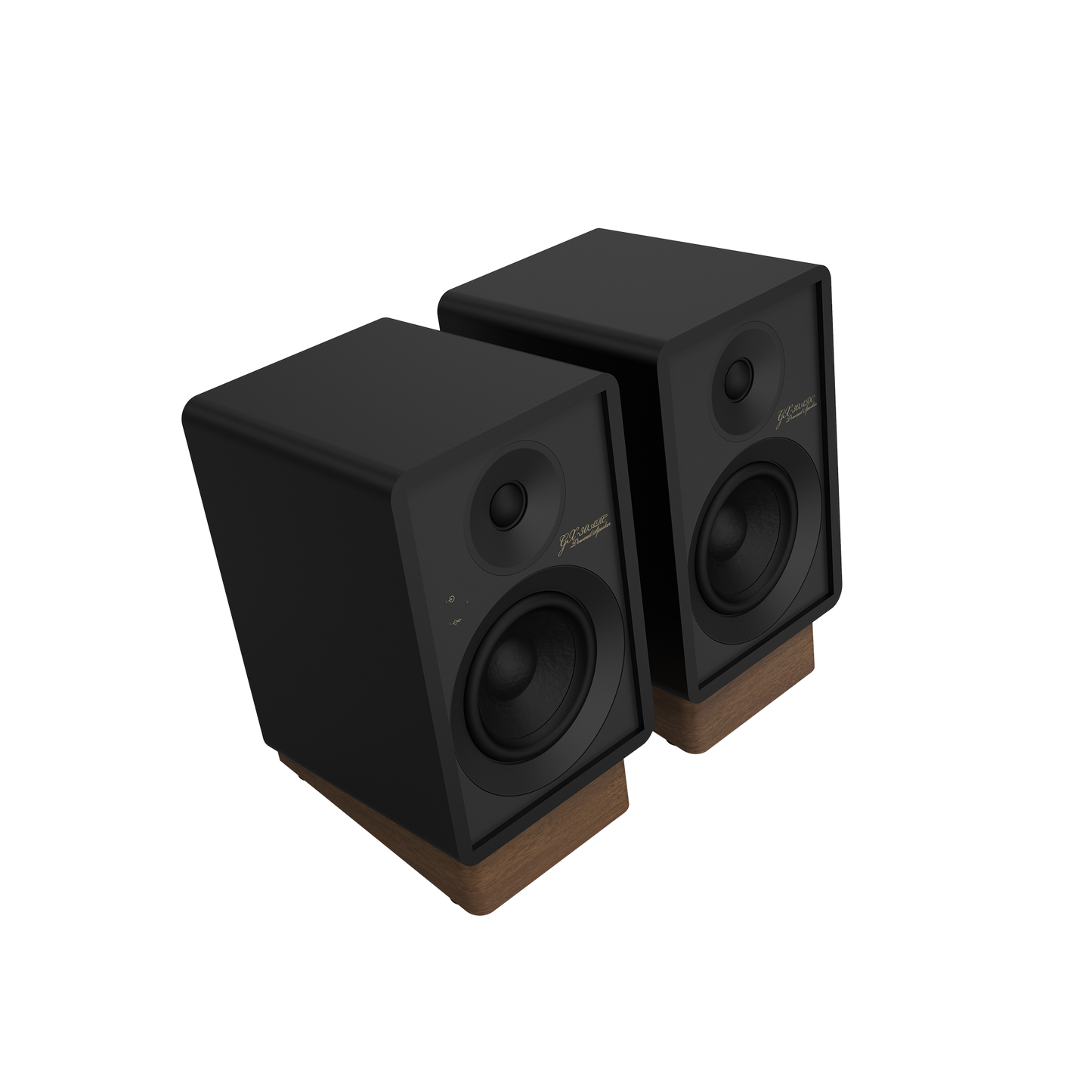 Onkyo GX-30ARC powered monitor in Black, angled view with grille off showing 4-inch woofer and tweeter