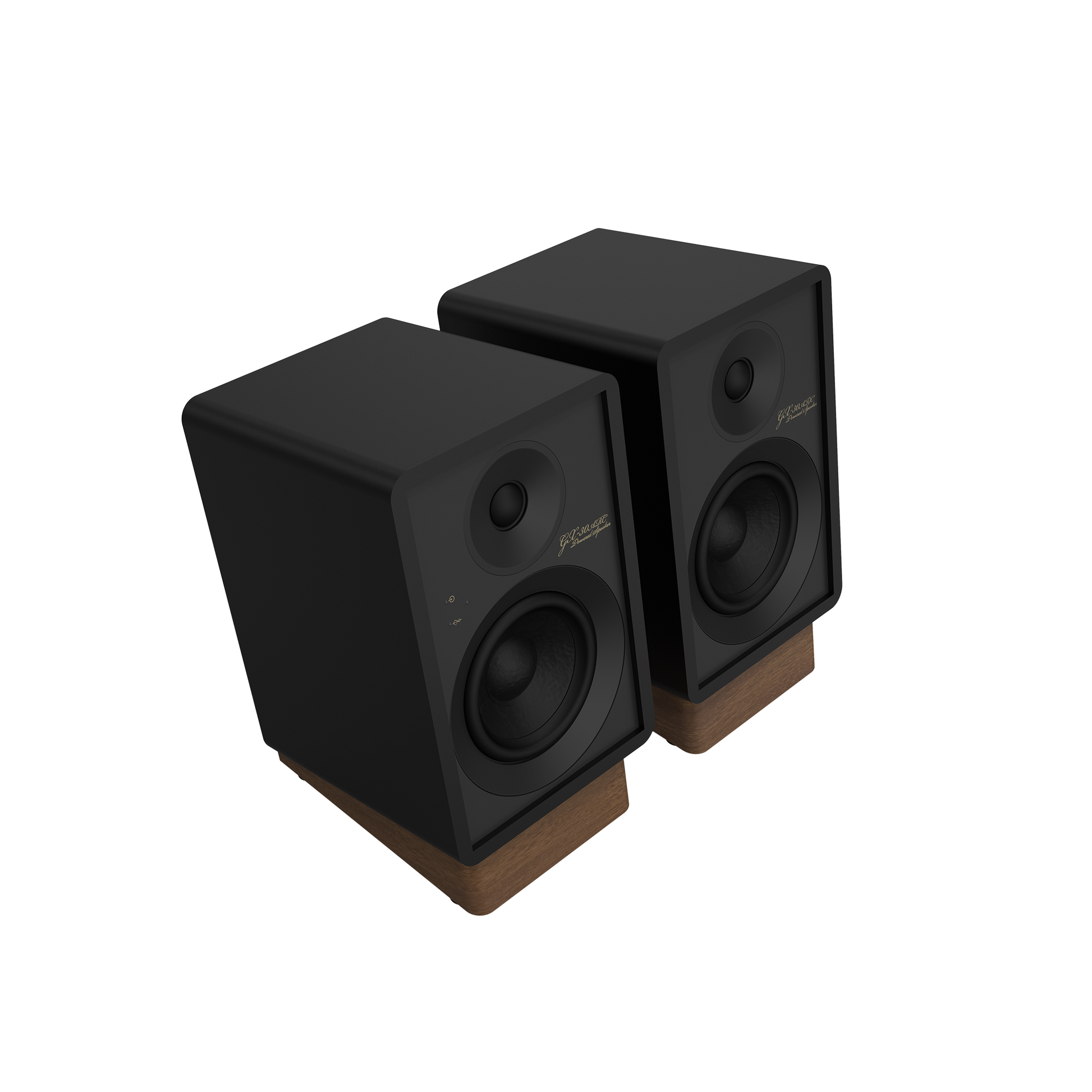 Onkyo GX-30ARC powered monitor in Black, angled view with grille off showing 4-inch woofer and tweeter