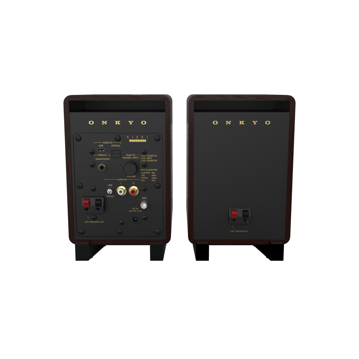 Onkyo GX-10DB 80th Anniversary powered monitor in Bordeaux walnut, rear panel with input connections