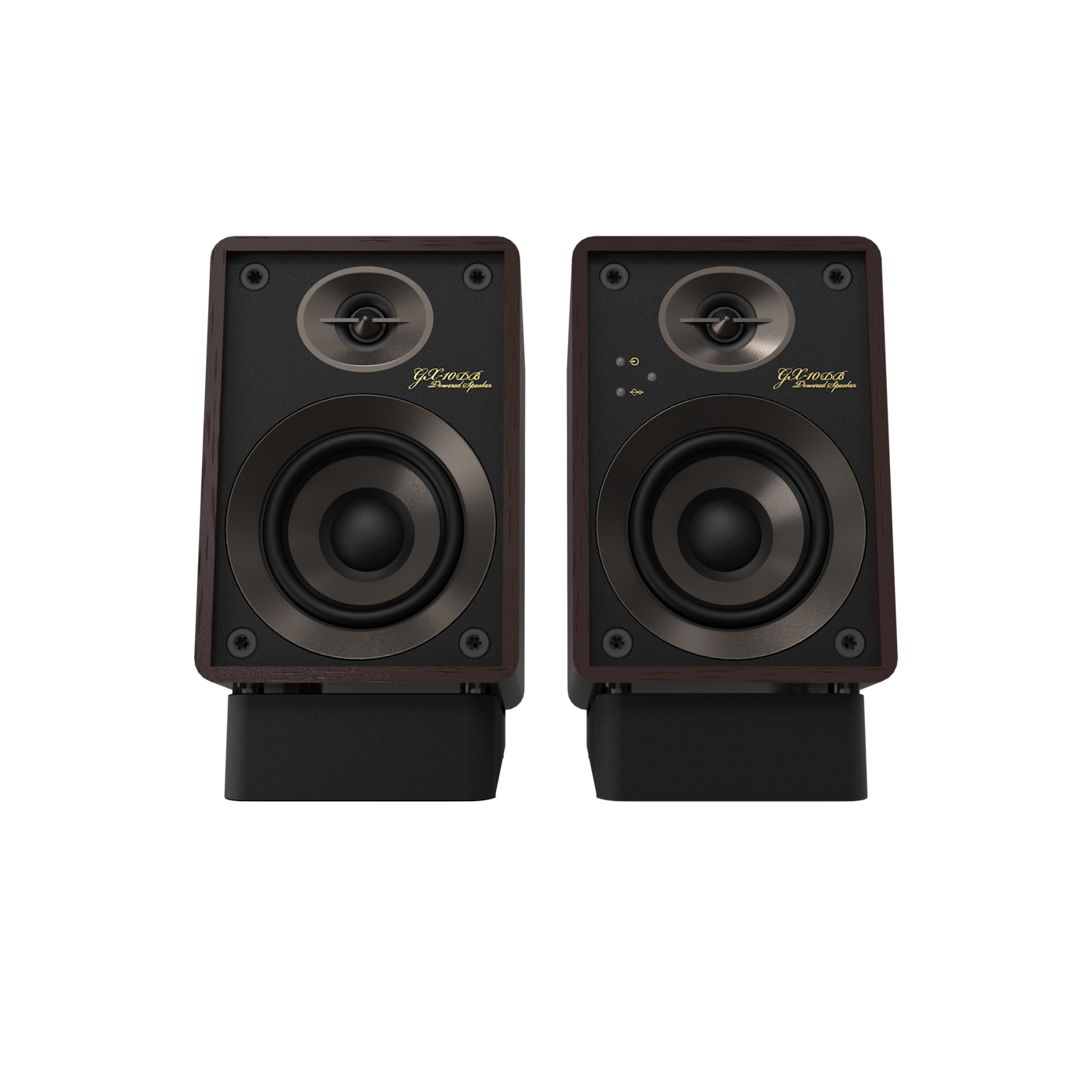 Onkyo GX-10DB 80th Anniversary powered monitor in Bordeaux walnut, front view with grille off and silver trim rings