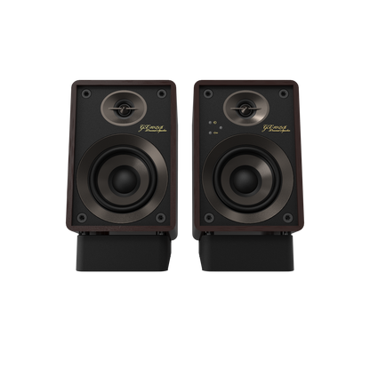 Onkyo GX-10DB 80th Anniversary powered monitor in Bordeaux walnut, front view with grille off and silver trim rings