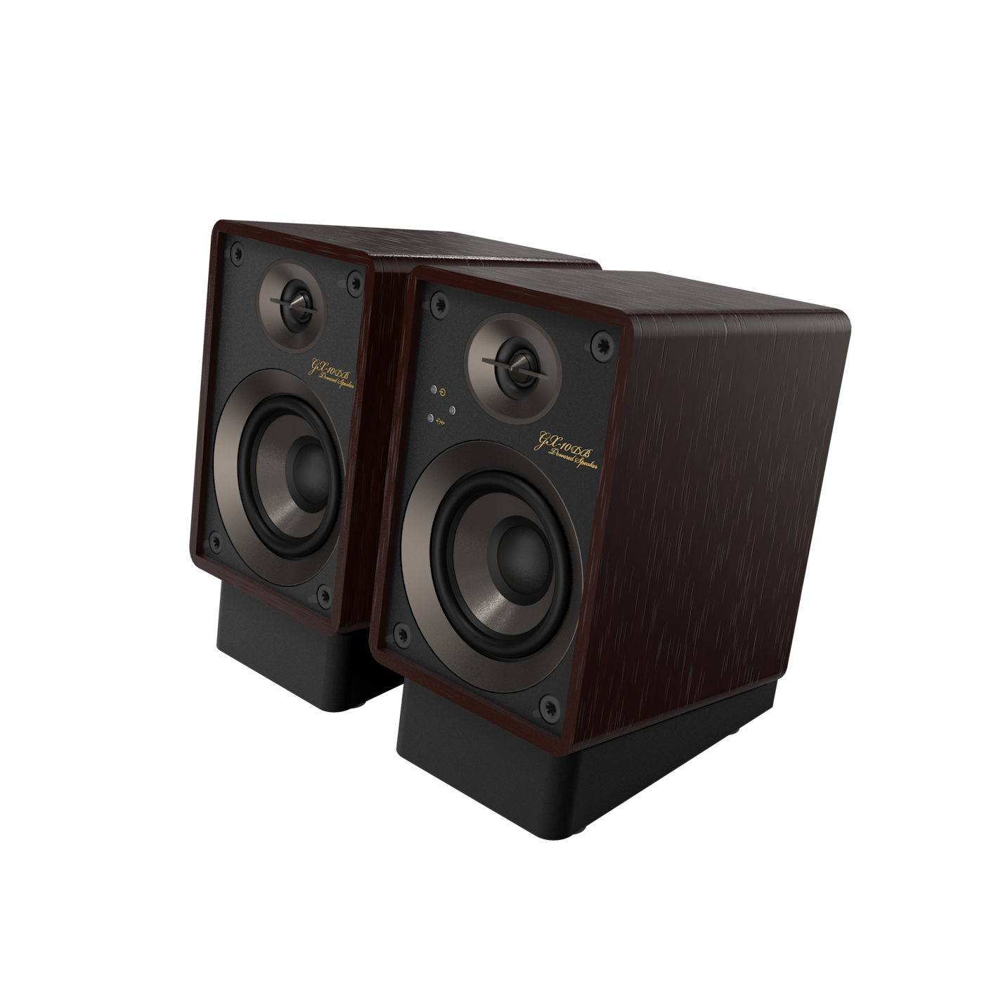 Onkyo GX-10DB 80th Anniversary powered monitor in Bordeaux walnut, angled view with grille off showing drivers