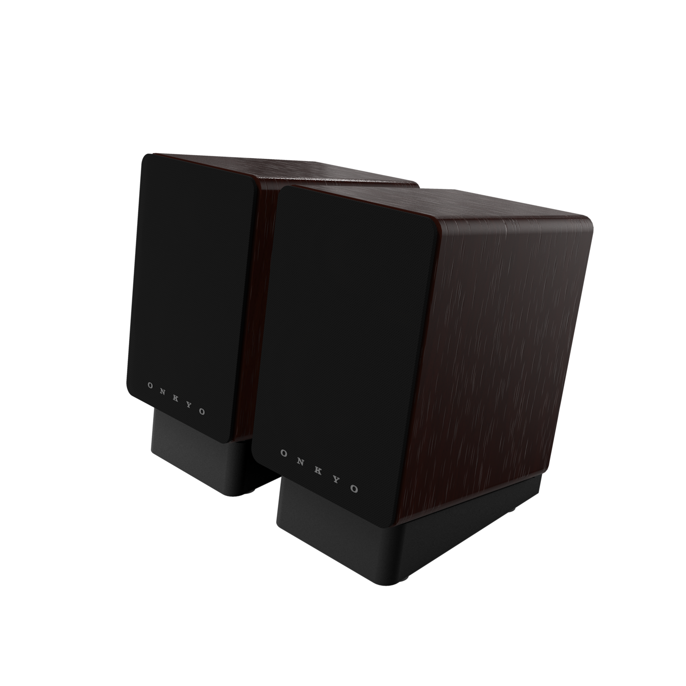 Onkyo GX-10DB 80th Anniversary powered monitor in Bordeaux walnut, angled hero view with grille on