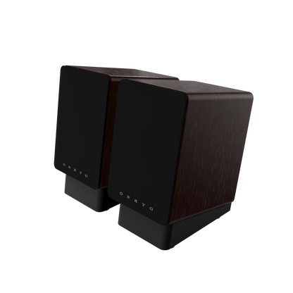 Onkyo GX-10DB 80th Anniversary powered monitor in Bordeaux walnut, angled hero view with grille on