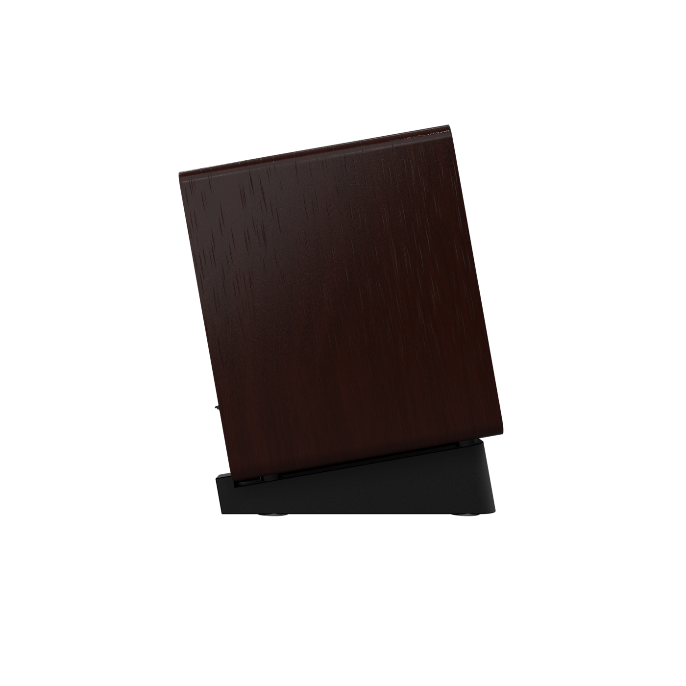 Onkyo GX-10DB 80th Anniversary powered monitor in Bordeaux walnut, side profile on black angled stand