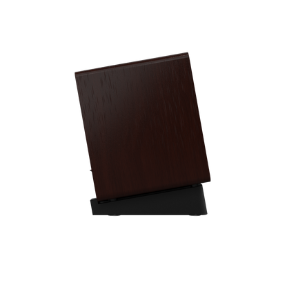Onkyo GX-10DB 80th Anniversary powered monitor in Bordeaux walnut, side profile on black angled stand