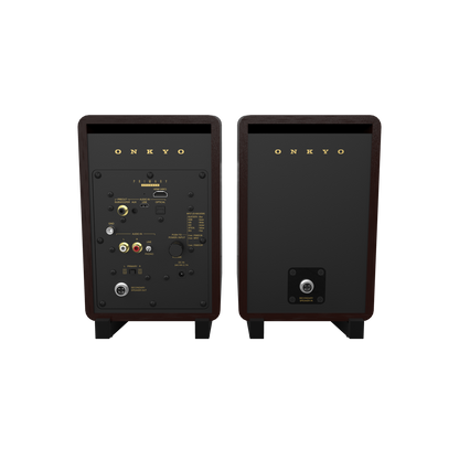 Onkyo GX-30ARC 80th Anniversary powered monitor in Bordeaux walnut, rear panel with HDMI ARC and inputs