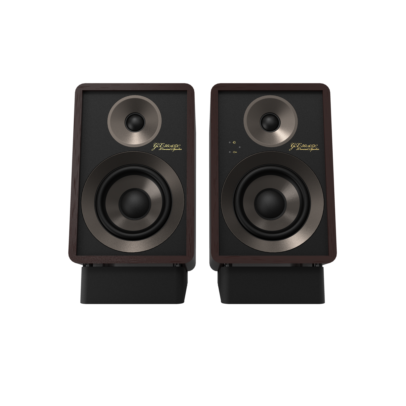 Onkyo GX-30ARC 80th Anniversary powered monitor in Bordeaux walnut, front view with grille off and silver trim rings