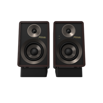 Onkyo GX-30ARC 80th Anniversary powered monitor in Bordeaux walnut, front view with grille off and silver trim rings