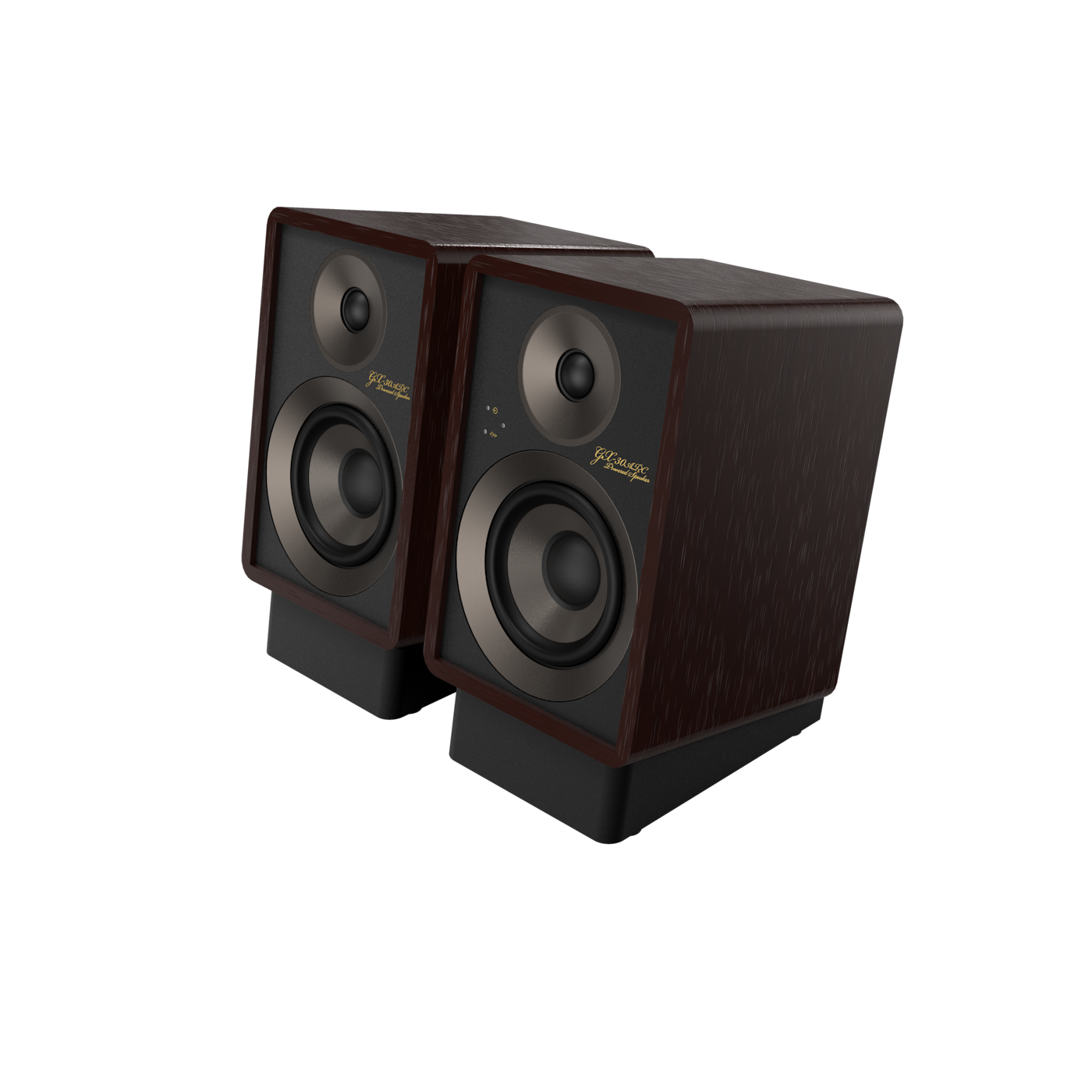 Onkyo GX-30ARC 80th Anniversary powered monitor in Bordeaux walnut, angled view with grille off showing drivers
