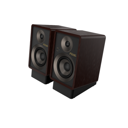 Onkyo GX-30ARC 80th Anniversary powered monitor in Bordeaux walnut, angled view with grille off showing drivers