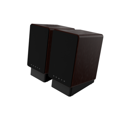 Onkyo GX-30ARC 80th Anniversary powered monitor in Bordeaux walnut, angled hero view with grille on