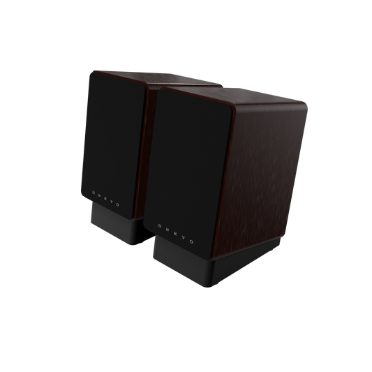 Onkyo GX-30ARC 80th Anniversary powered monitor in Bordeaux walnut, angled hero view with grille on