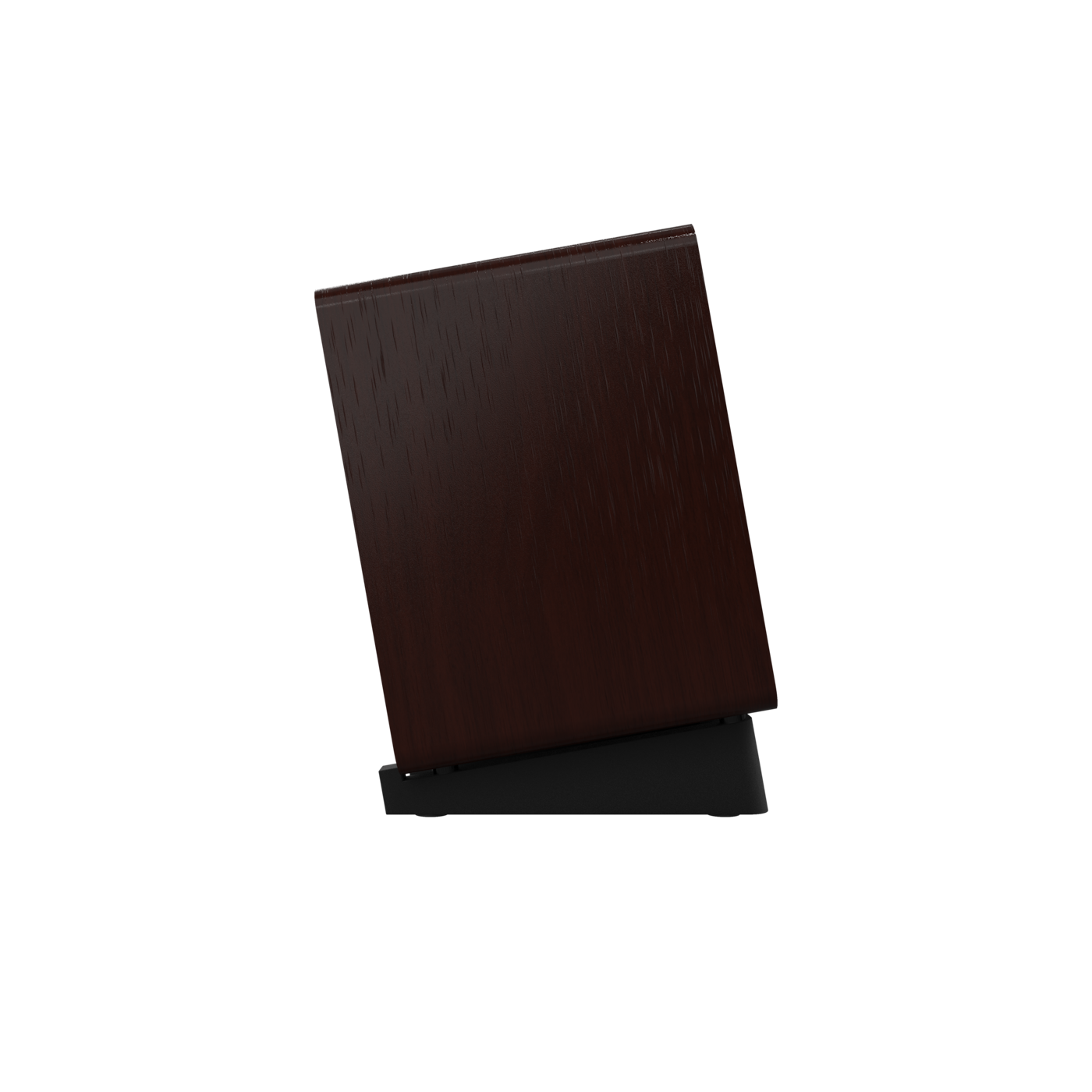 Onkyo GX-30ARC 80th Anniversary powered monitor in Bordeaux walnut, side profile on black angled stand