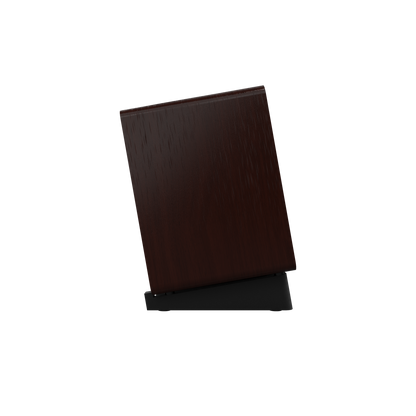 Onkyo GX-30ARC 80th Anniversary powered monitor in Bordeaux walnut, side profile on black angled stand