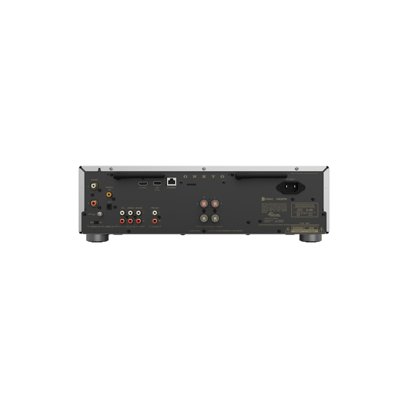 Onkyo A-50 in silver, rear panel showing inputs and speaker terminals