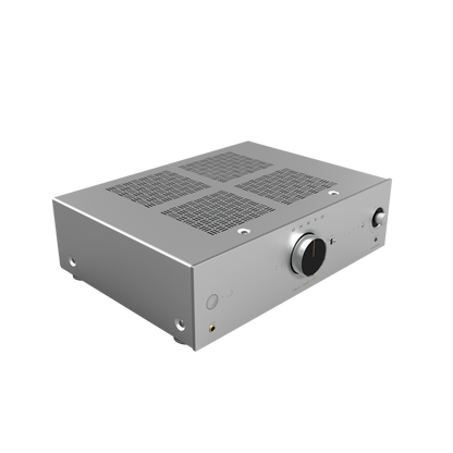 Onkyo A-50 network integrated amplifier in silver, front angled hero view
