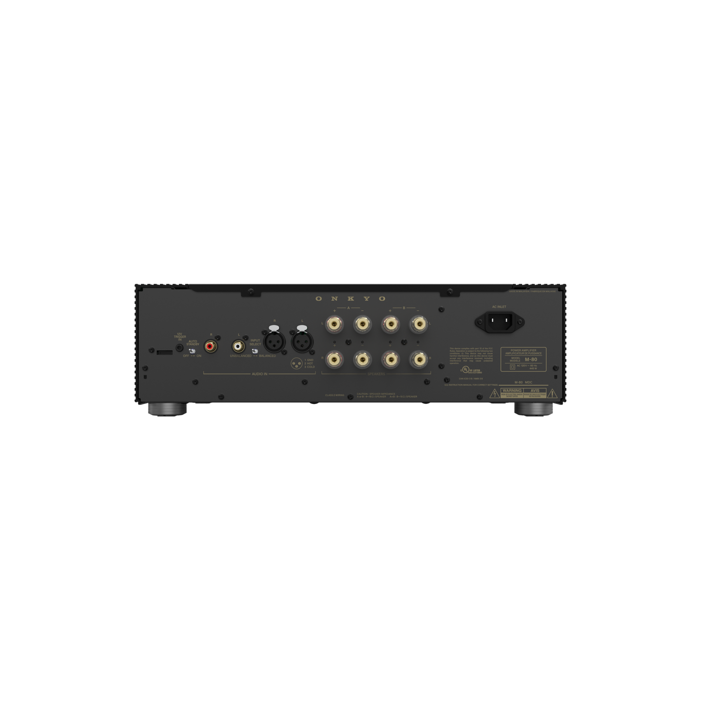 Onkyo M-80 in black, rear panel showing speaker terminals and inputs