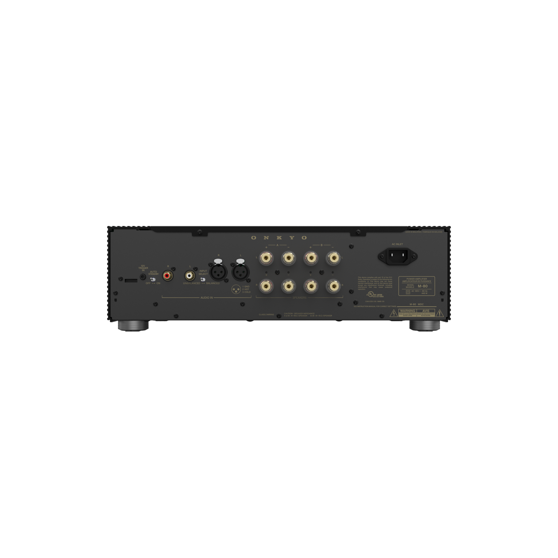 Onkyo M-80 in black, rear panel showing speaker terminals and inputs