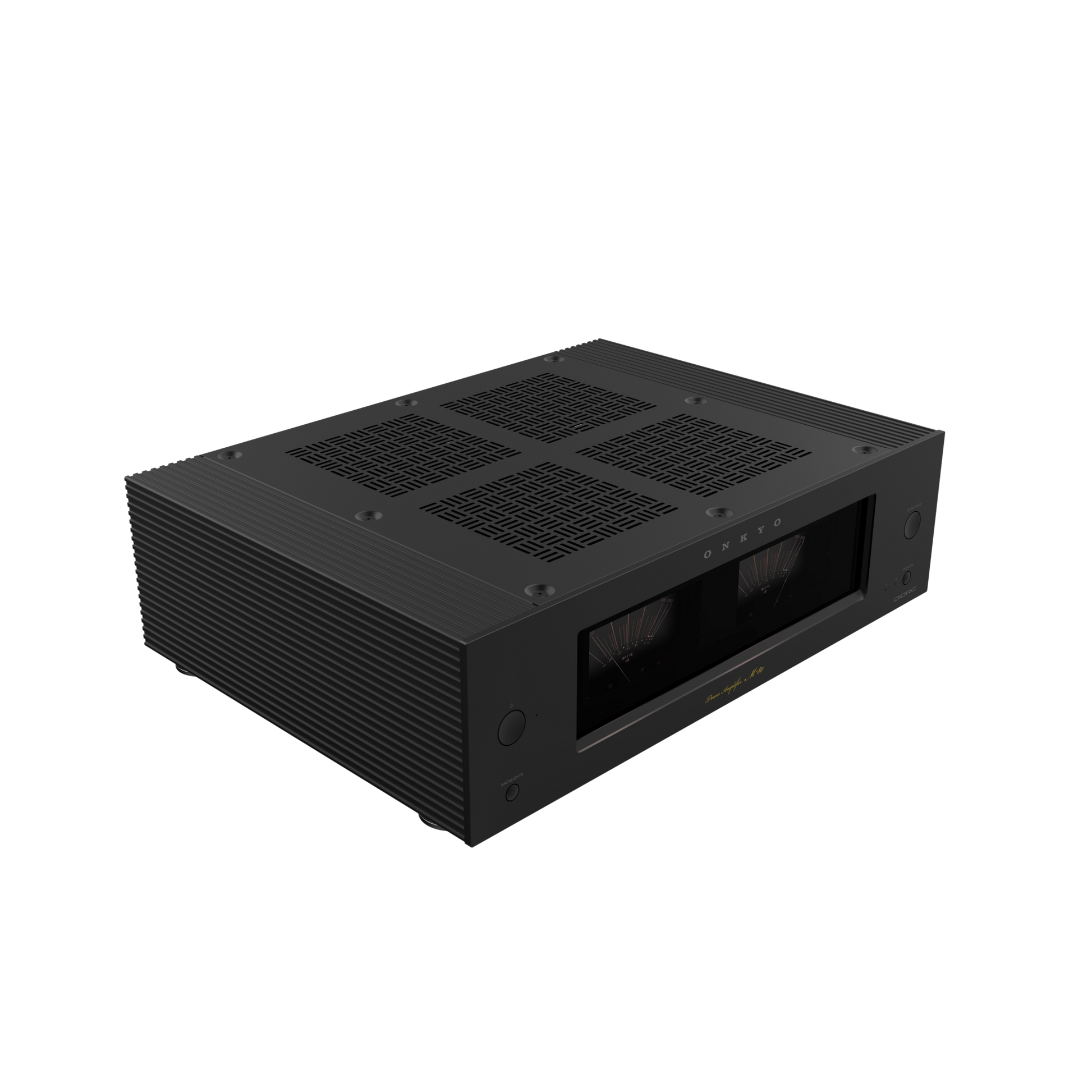 Onkyo M-80 stereo power amplifier in black, front angled hero view