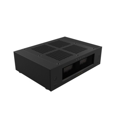 Onkyo M-80 stereo power amplifier in black, front angled hero view