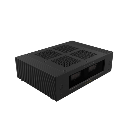 Onkyo M-80 stereo power amplifier in black, front angled hero view