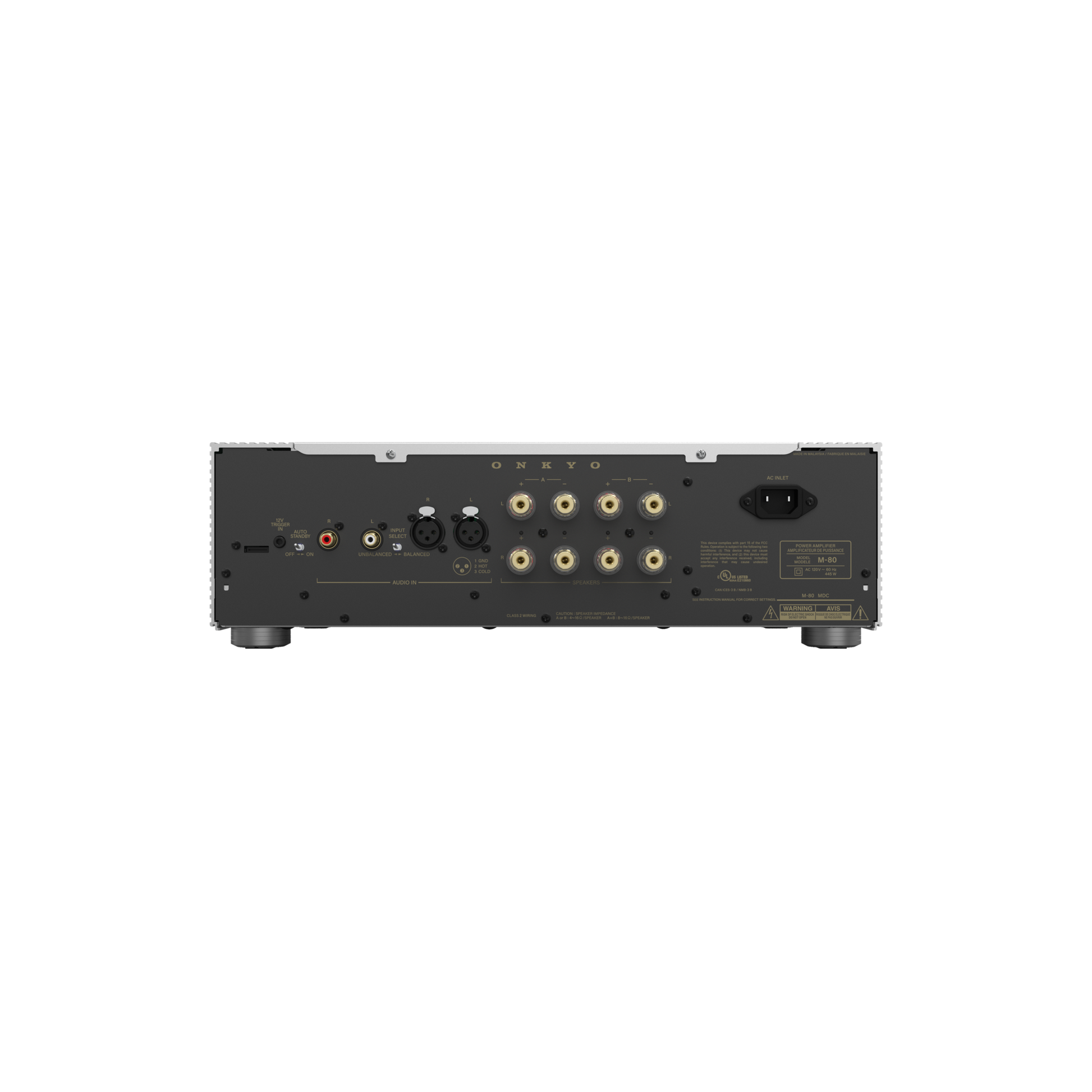 Onkyo M-80 in silver, rear panel showing speaker terminals and inputs