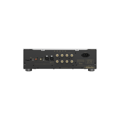 Onkyo M-80 in silver, rear panel showing speaker terminals and inputs