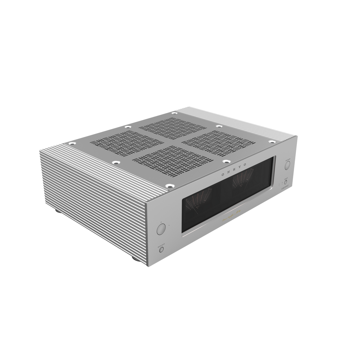 Onkyo M-80 stereo power amplifier in silver, front angled hero view