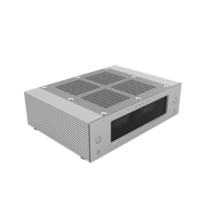 Onkyo M-80 stereo power amplifier in silver, front angled hero view