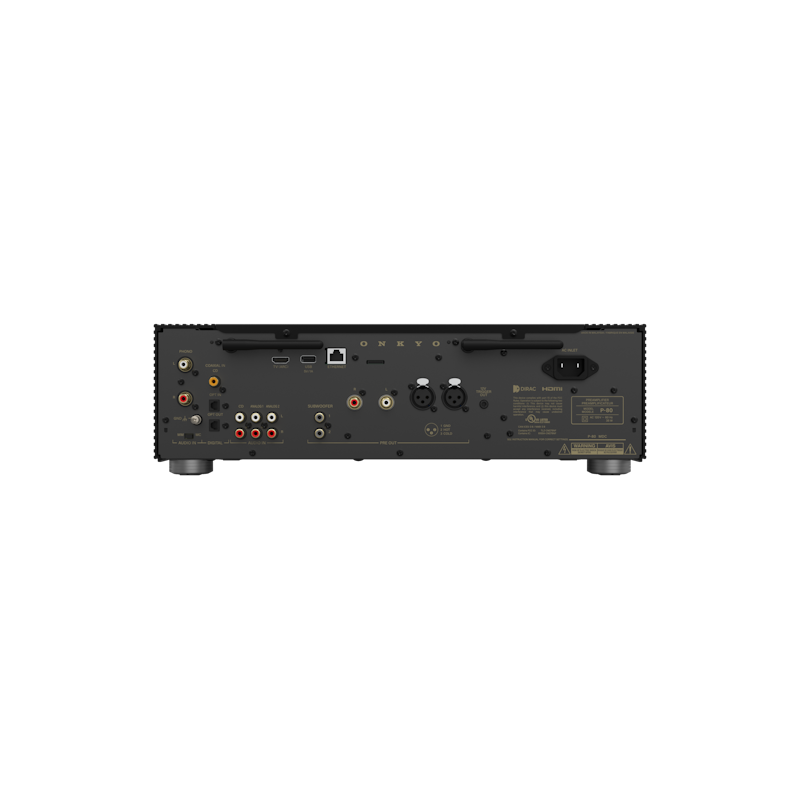 Onkyo P-80 in black, rear panel showing inputs and outputs