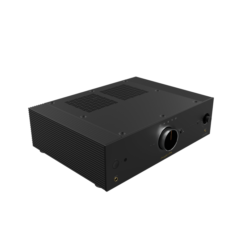Onkyo P-80 network preamplifier in black, front angled hero view