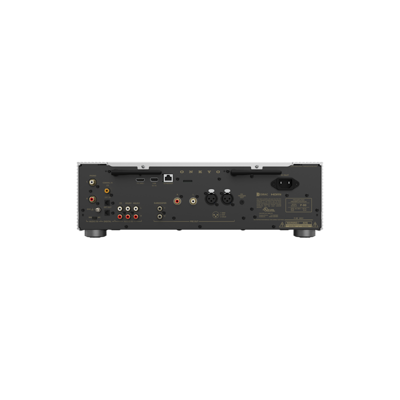 Onkyo P-80 in silver, rear panel showing inputs and outputs