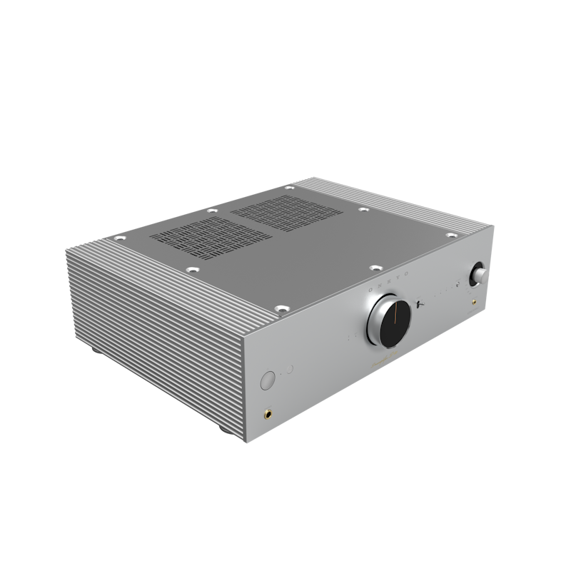Onkyo P-80 network preamplifier in silver, front angled hero view