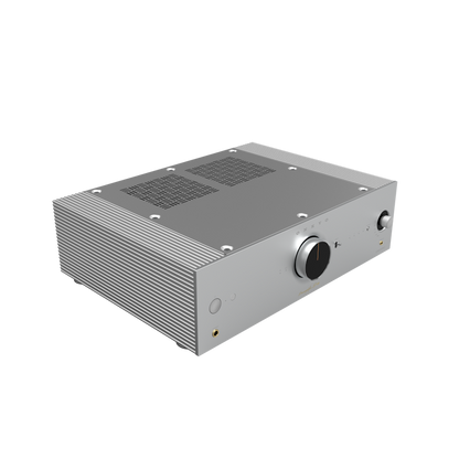 Onkyo P-80 network preamplifier in silver, front angled hero view
