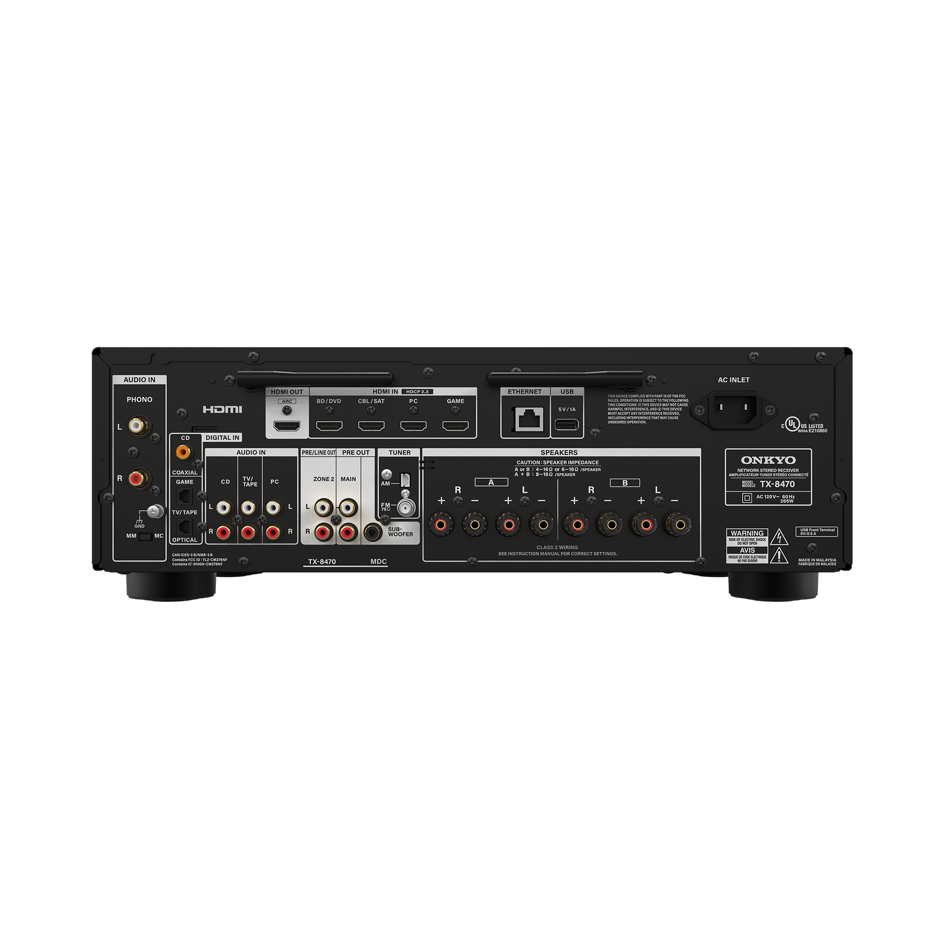 Onkyo TX-8470 stereo receiver in black, rear panel connections