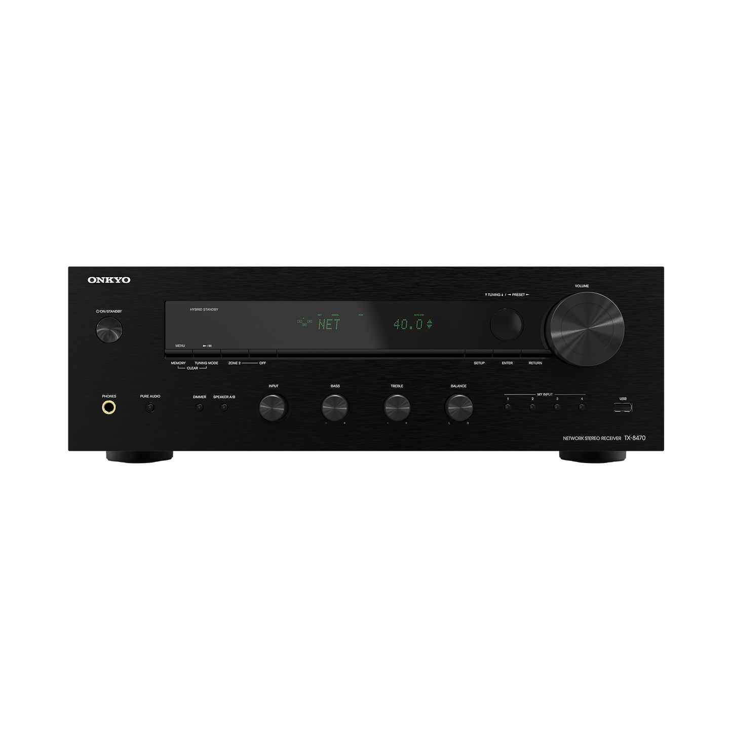 Onkyo TX-8470 stereo receiver in black, front panel view